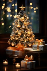 Christmas tree and gifts on the background of a window with bokeh