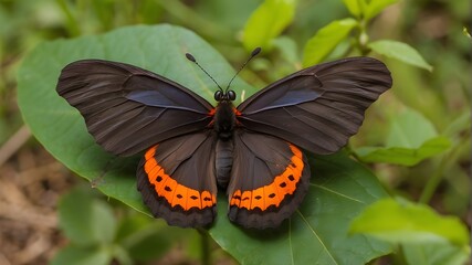 butterfly on a flower, Brown, orange butterfly with black wings seen in Uganda's Forest National Park. Butterfly in its natural environment in Africa's verdant flora. Natural History Wildlife 