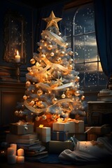 Christmas tree with candles and gifts in a classic interior. 3d render