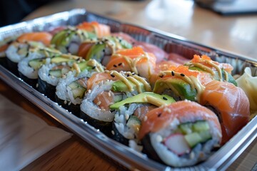 Colorful sushi rolls on a tray