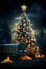Christmas and New Year background with Christmas tree, train and candles.