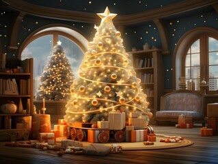 Christmas tree in the living room. 3D illustration. 3D CG. High resolution.