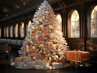 3D rendering of a Christmas tree in a train station with gifts