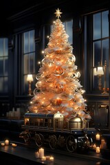 Christmas tree and train in the dark room. 3D rendering.