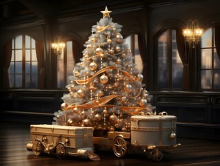 3d illustration of a golden Christmas tree with a train and gifts