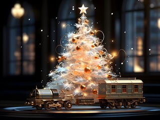 Christmas tree and train. 3d illustration. Festive background.