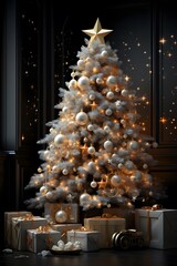 Christmas tree with golden ornaments and gifts. 3d rendering