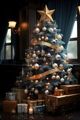 Christmas tree with gifts in the interior of a dark room with a large window