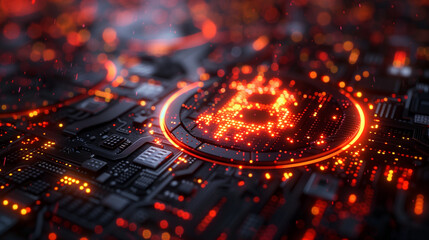 bitcoin logo glowing in red on top of an array power board with black circuit boards, closeup, cryptocurrency 