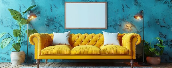 Vibrant yellow sofa against a matte blue wall with mockup poster blank frame 