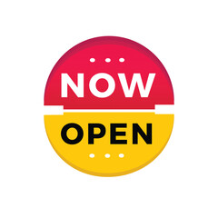 Now open sticker icon modern style. Banner design for business, advertising, promotion. Vector label design.
