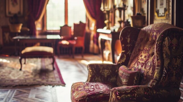 Step back in time and immerse yourself in the rich history of a castle hotel complete with antique furnishings and decor. 2d flat cartoon.