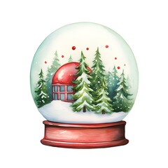 Watercolor Christmas snow globe with fir trees and red house isolated on white background