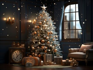 Christmas tree with decorations and gifts in the living room. 3d illustration