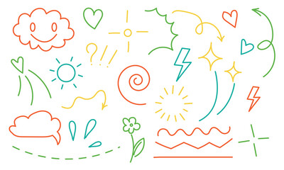 Doodle line sketch childish element set. Flower, heart, cloud children draw style design elements background. Vector illustration on white background in eps 10.