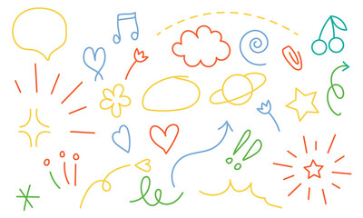 Cute hand drawn doodle big set of simple kids decorative elements. Colorful collection of scribble, animal, flower, sun, cloud. Vector illustration on white background in eps 10.