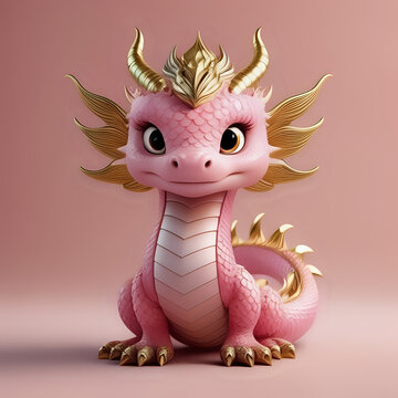 cute Chinese dragon with pink body, diamond hair and golden scales, pink background, exquisite details, symmetrical composition, movie poster, matte texture, diffuse light - generated by ai