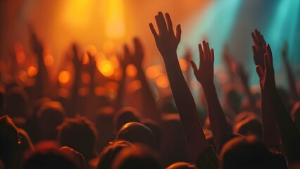 Worshipping with Raised Hands: Christians Praying Earnestly in Church to Express Their Faith Spiritually. Concept Faith, Worship, Prayer, Christianity, Spiritual Expression