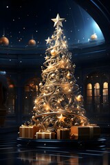3d illustration of christmas tree with golden ornaments and balls