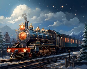 Old steam locomotive in the mountains at night - 3D illustration