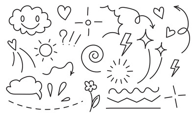 Fototapeta na wymiar Cute kid scribble line flower, heart. rainbow background. Hand drawn doodle sketch childish element set. Flower, heart, cloud children draw style design elements on white background in eps 10.