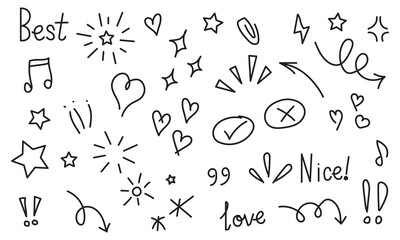 Cute kid scribble line flower, heart. rainbow background. Hand drawn doodle sketch childish element set. Flower, heart, cloud children draw style design elements on white background in eps 10.