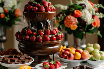 Fototapeta na wymiar Chocolate fountain with fruits ready for dipping party favorite