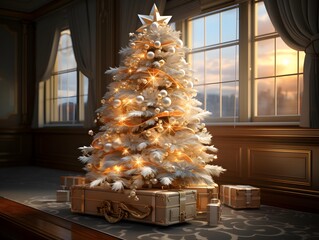 Christmas tree in a room with a large window. 3d illustration