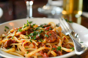 Chorizo and linguine mingling together in a surreal culinary masterpiece