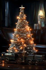 Christmas tree with toy train in the living room. 3d rendering