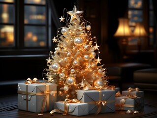 Decorated Christmas tree and gifts on the table. 3d rendering