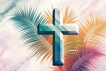 Colorful marble background with big cross with palm leaves, Christian background silhouette