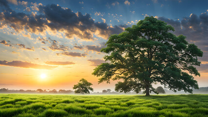 Obraz premium Tranquil Morning Landscape: Vast Meadow with Dew-Covered Grass, Solitary Tree, and Soft Sky
