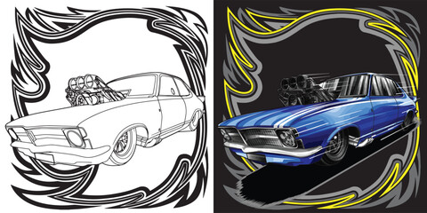 Outline and painted racing car. Isolated in black background, for t-shirt design, print, and for business purposes.