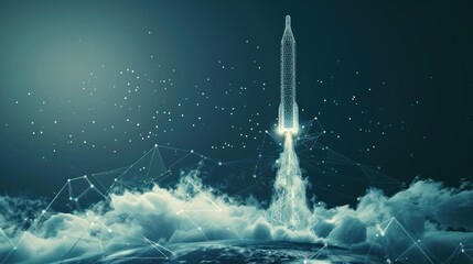 rocket from the earth with clouds of smoke. Low poly style design. Abstract geometric background AI generated