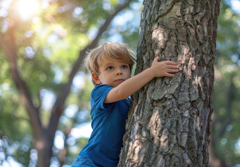 A young boy in blue shirt and shorts climbing on tree trunk, park background