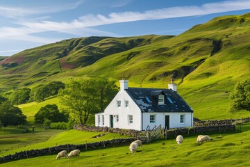 A picturesque cottage nestled among the hills.
