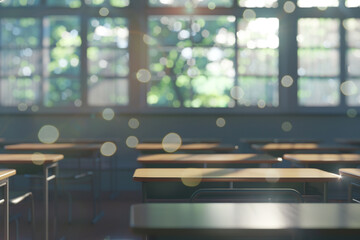 classroom back view with bokeh effect on the window light - obrazy, fototapety, plakaty