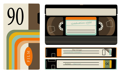 A set of videotapes from different angles. Recording films and memories on analog media. Elements from the 90s in a modern flat style. Vector illustration isolated on transparent background.