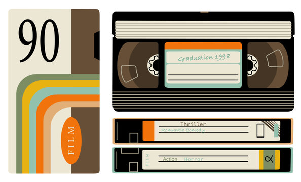 A set of videotapes from different angles. Recording films and memories on analog media. Elements from the 90s in a modern flat style. Vector illustration isolated on transparent background.