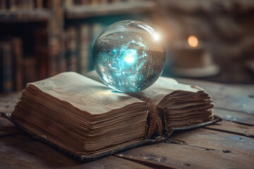 Close up of a mystical orb floating above an ancient tome