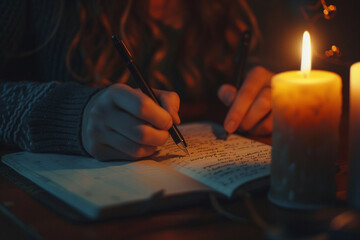 Close up of a person writing in a journal by candlelight a personal exploration of thoughts - obrazy, fototapety, plakaty