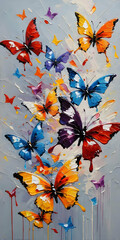 Vertical abstract oil painting with colorful butterflies, knife painting, paint spots and strokes. Large stroke oil painting, vertical