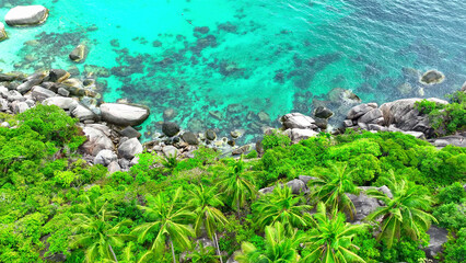Discover a picturesque blend of rocky shores and verdant forests, accentuated by swaying coconut trees, all kissed by the mesmerizing hue of turquoise waters. Tao island, Thailand. 
