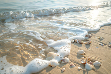 Crystal clear waves gently lapping at the shore, with sun-kissed seashells scattered across the sand, capturing the serene beauty of a peaceful beach morning. 32k, full ultra HD, high resolution