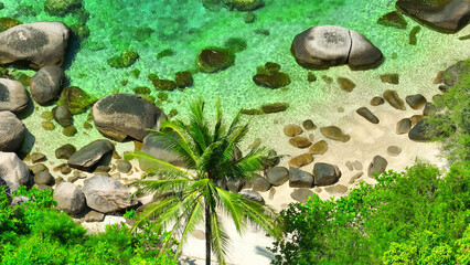 Lush greenery, coconut palms, and rocky outcrops adorn the sandy shore, embraced by crystal-clear...