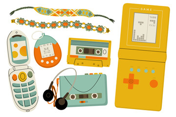Classic 90s elements in a modern flat style. Children's toys and gadgets y2k. Stickers for teenagers. Vector illustration isolated on transparent background.