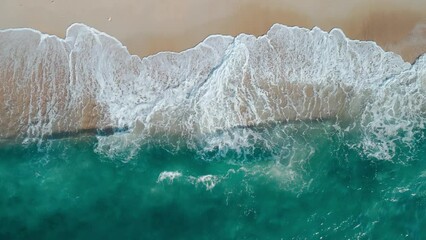 Mesmerizing ocean waves sandy shoreline aerial top view. Expanse ocean majestic waves sandy beach serene retreat Waves caress ocean edge beauty oceanic coast tranquility of coastal landscape. - Powered by Adobe
