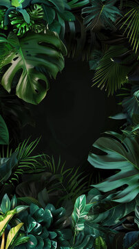 jungle foliage across lower space and right side with blank space, black background