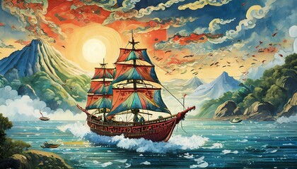 pirate ship in the ocean - obrazy, fototapety, plakaty